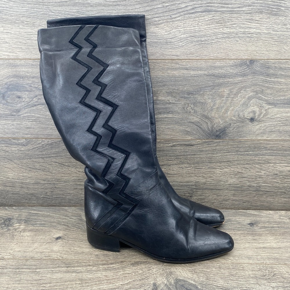 Andre Assous Riding Boots Womens 7.5 Black Leather Knee High Zigzag Wide Calf